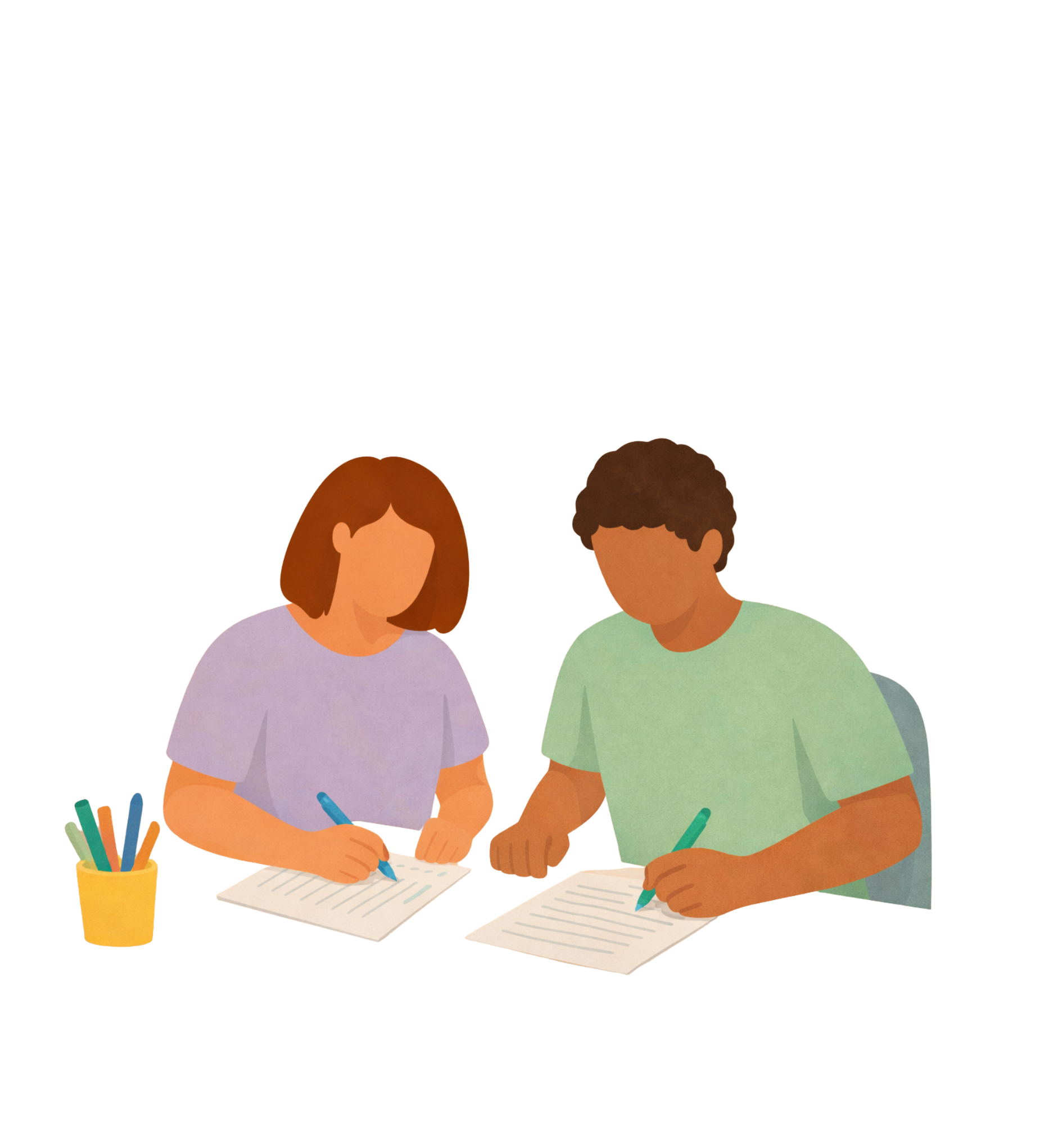 Illustratie van twee mensen die samen een formulier invullen