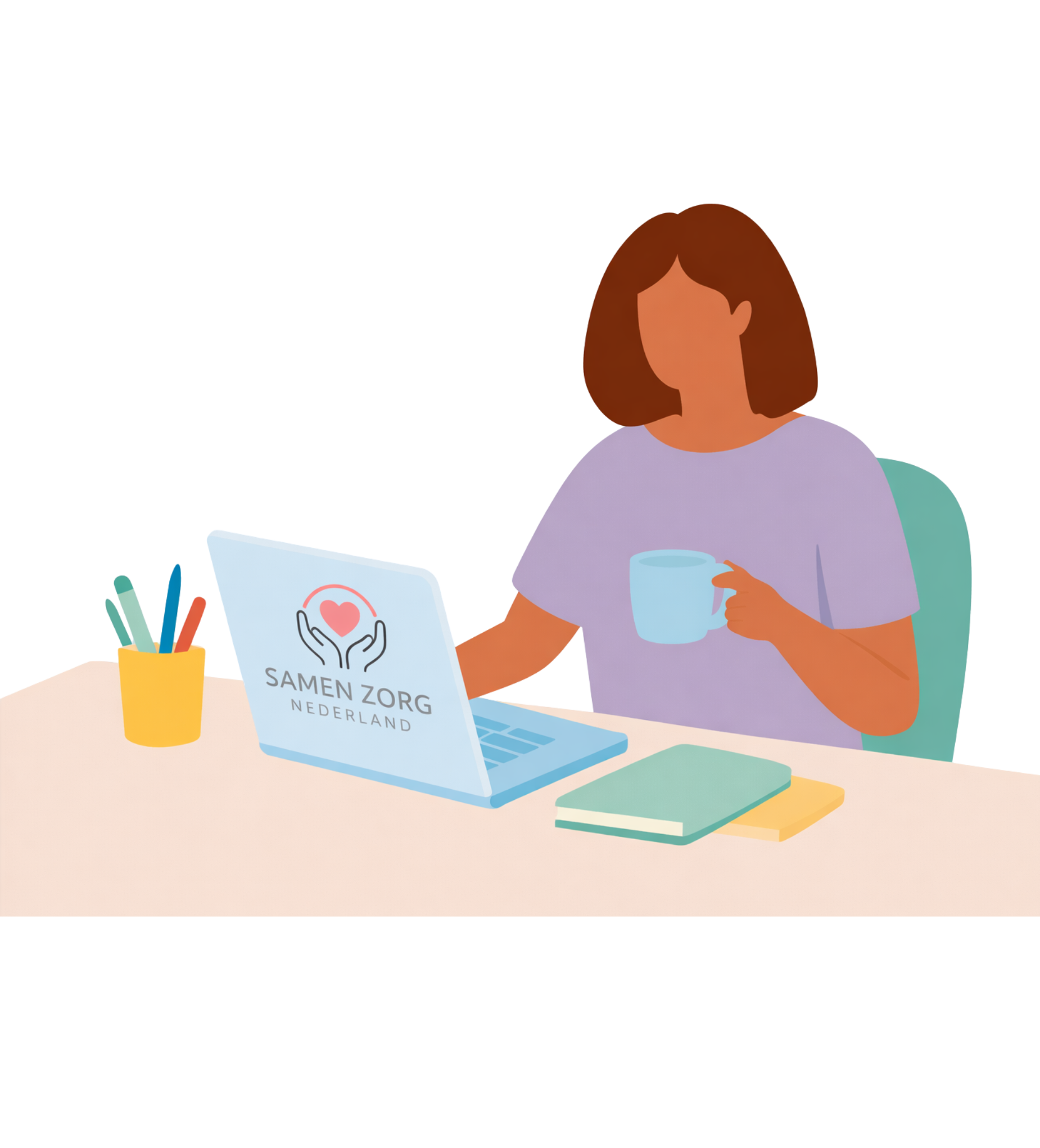 Illustratie van een medewerker van Samen Zorg Nederland achter een laptop